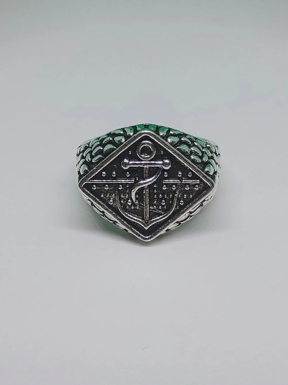 Size 10 Silver-Tone Anchor Signet Ring with Green Accents - Men's Accessory